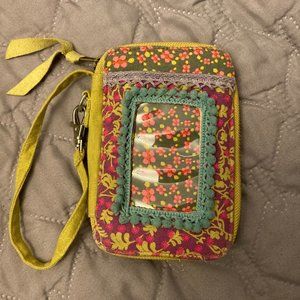 Natural Life Patchwork Floral Zippered Wristlet Wallet with Mini Pompoms